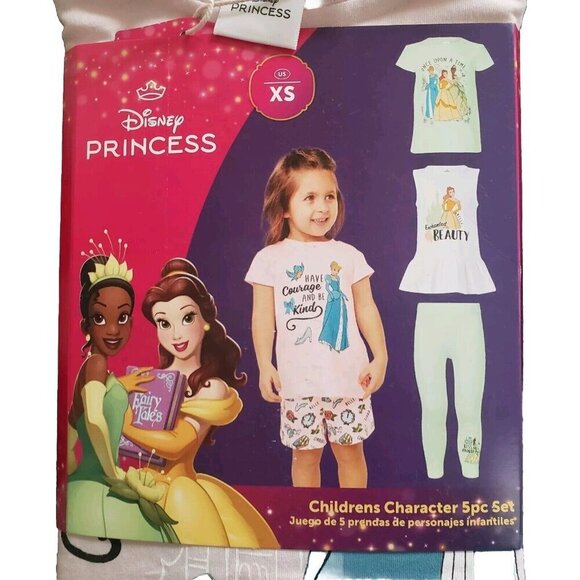Disney Princess 5-Piece Set Cotton T-shirts Top Shorts Leggings Pink XS 4-5 - Picture 2 of 10